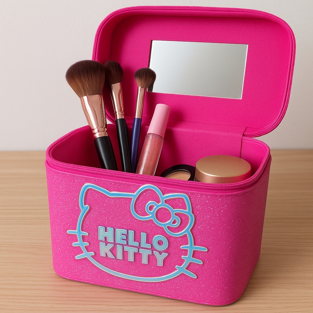 Hello Kitty Glitter Cosmetic & Accessory Case with Mirror – Pink Sparkle Travel